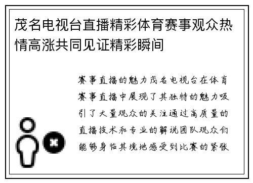 茂名电视台直播精彩体育赛事观众热情高涨共同见证精彩瞬间